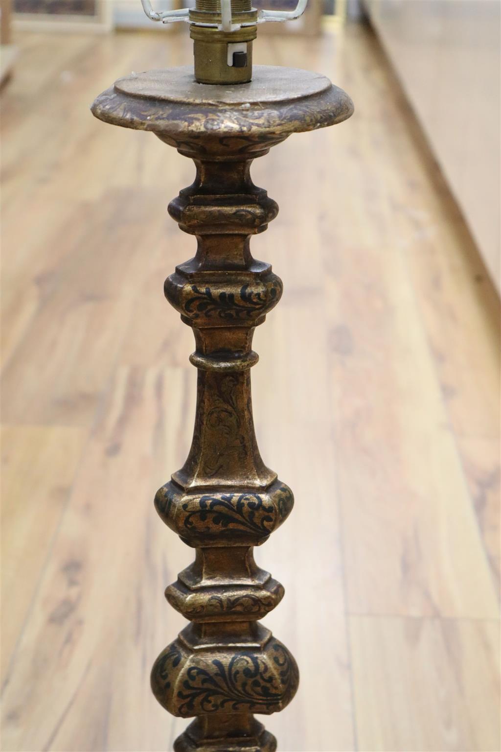 A Florentine green and gilt carved wood table lamp, height 63cm